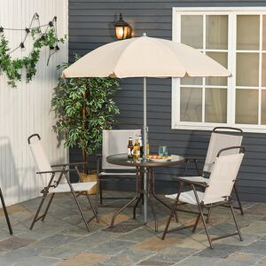 Outsunny Ensemble salon de jardin 6 pcs - table ronde + 4 chaises pliables + parasol - acier époxy café textilène polyester beige - Publicité