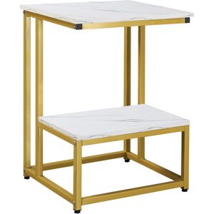 HOMCOM Table d'appoint style contemporain avec étagère bout de canapé table de chevet 2 niveaux acier blanc imitation marbre doré - Publicité