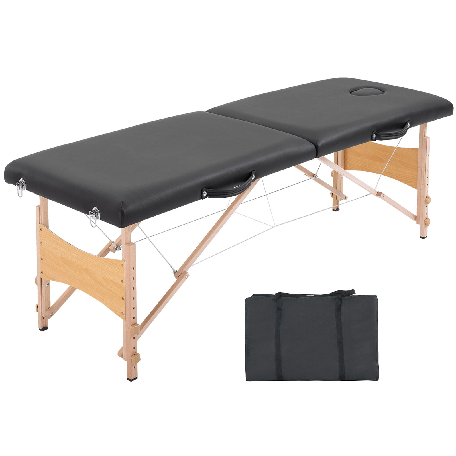 HOMCOM Table de massage pliante lit table de beauté 2 zones portable sac de tranport inclus hauteur réglable dim. 186L x 60l x 58-81H cm bois massif revêtement synthétique noir