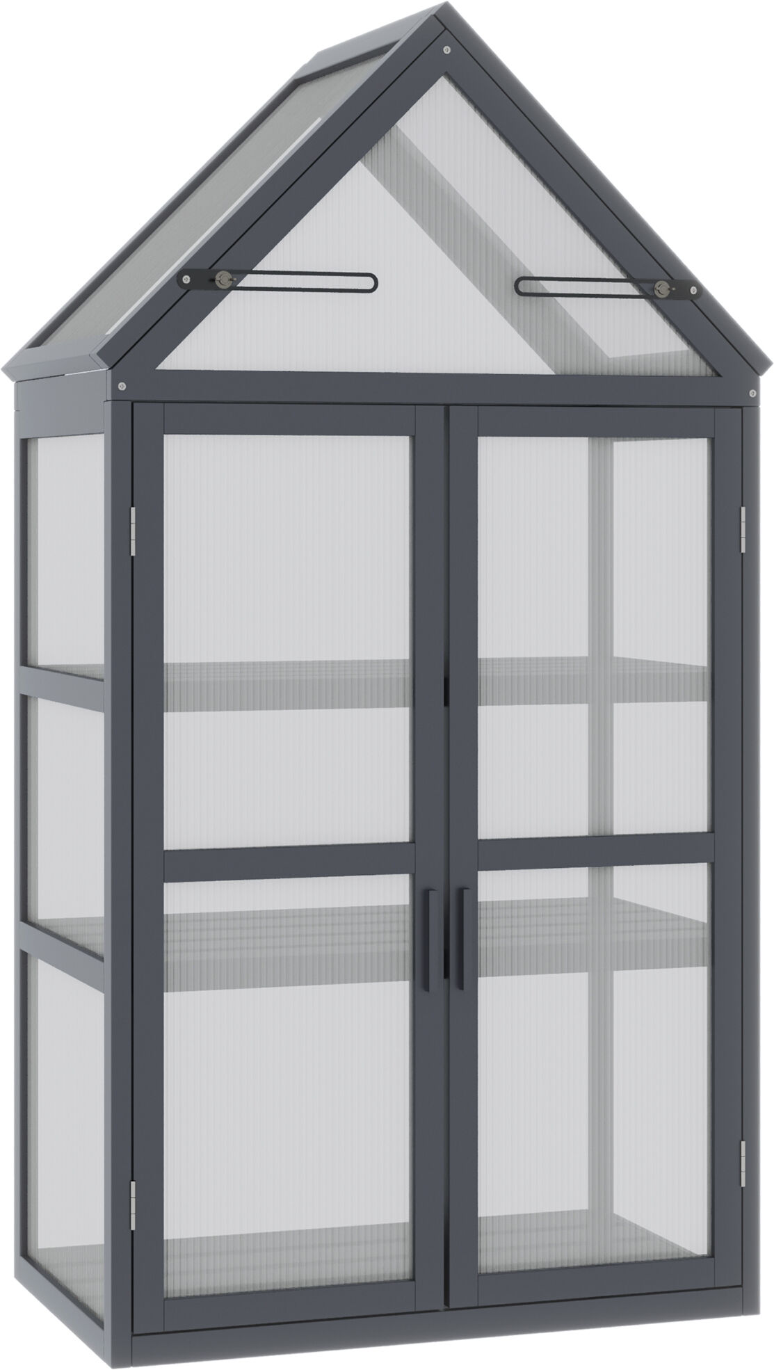 Outsunny Mini serre de jardin en polycarbonate cadre en bois 3 niveaux dim. 70,5L x 42l x 132H cm double porte aération réglables - gris-AOSOM.fr