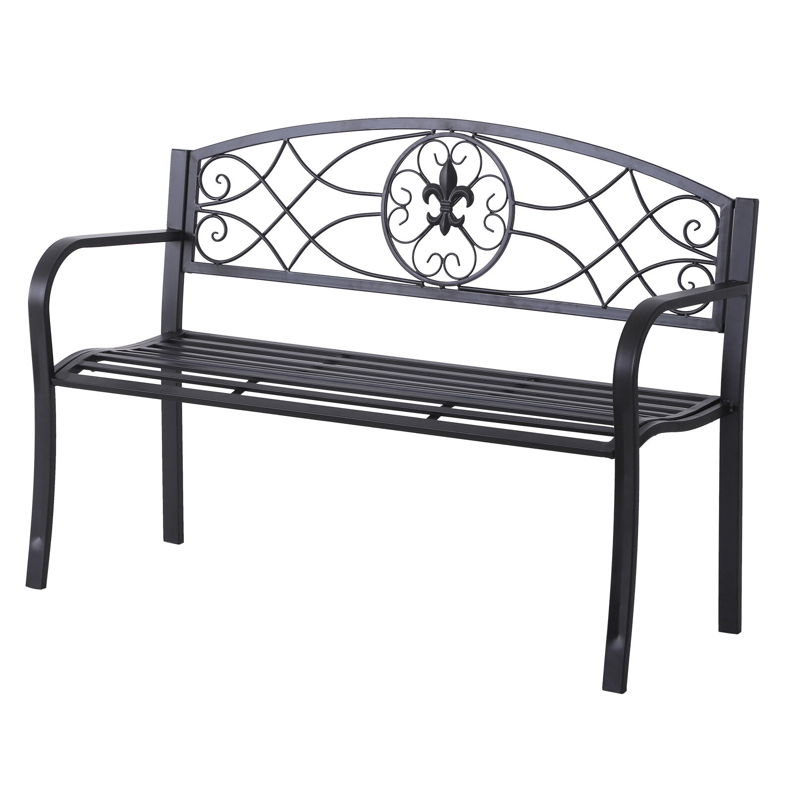 Outsunny Banc de jardin 3 places style néo-rétro fer forgé motif fleurs de lys dim. 128L x 50l x 91H cm métal époxy noir aosom france