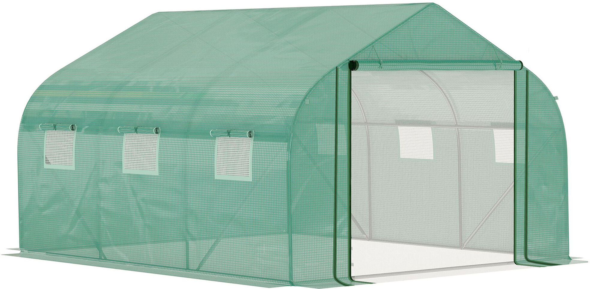 Outsunny Serre Tunnel de Jardin Grande 3.5 x 3 x 2 m - 6 fenêtres et Porte zippée Enroulable - Acier galvanisé PE Haute densité Vert