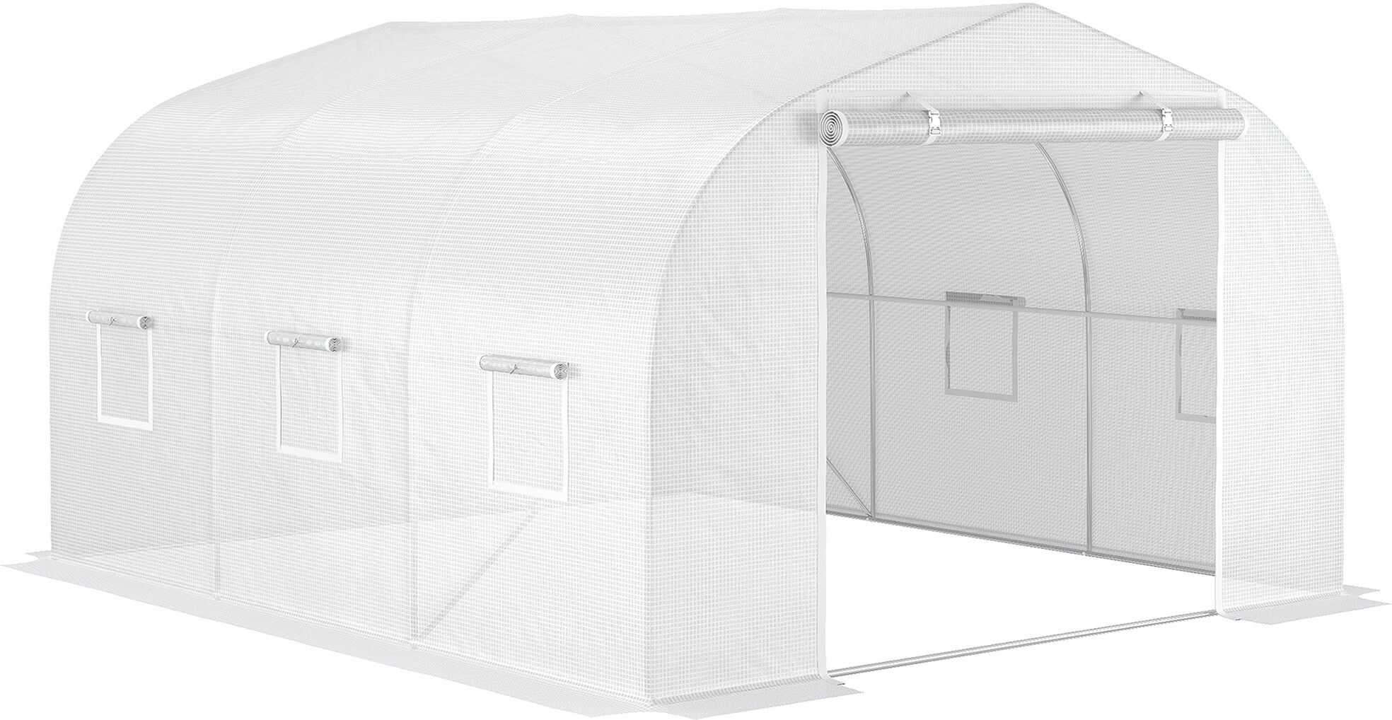 Outsunny Serre Tunnel de Jardin dim. 3,5L x 3l x 2H m Porte + 6 fenêtres enroulables Acier galvanisé bâche PE Haute densité Blanc