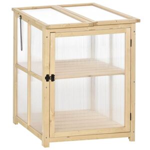 Outsunny Mini serre de jardin à 2 étagères double toits ouvrables avec porte verrouillable en bois et polycarbonate transparente 62 x 63 x 82 cm