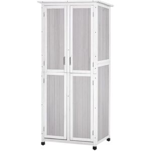 Outsunny Armoire de jardin remise pour outils 2 étagères 2 portes toit pente bitumé pin massif 77L x 58P x 175H cm gris blanc