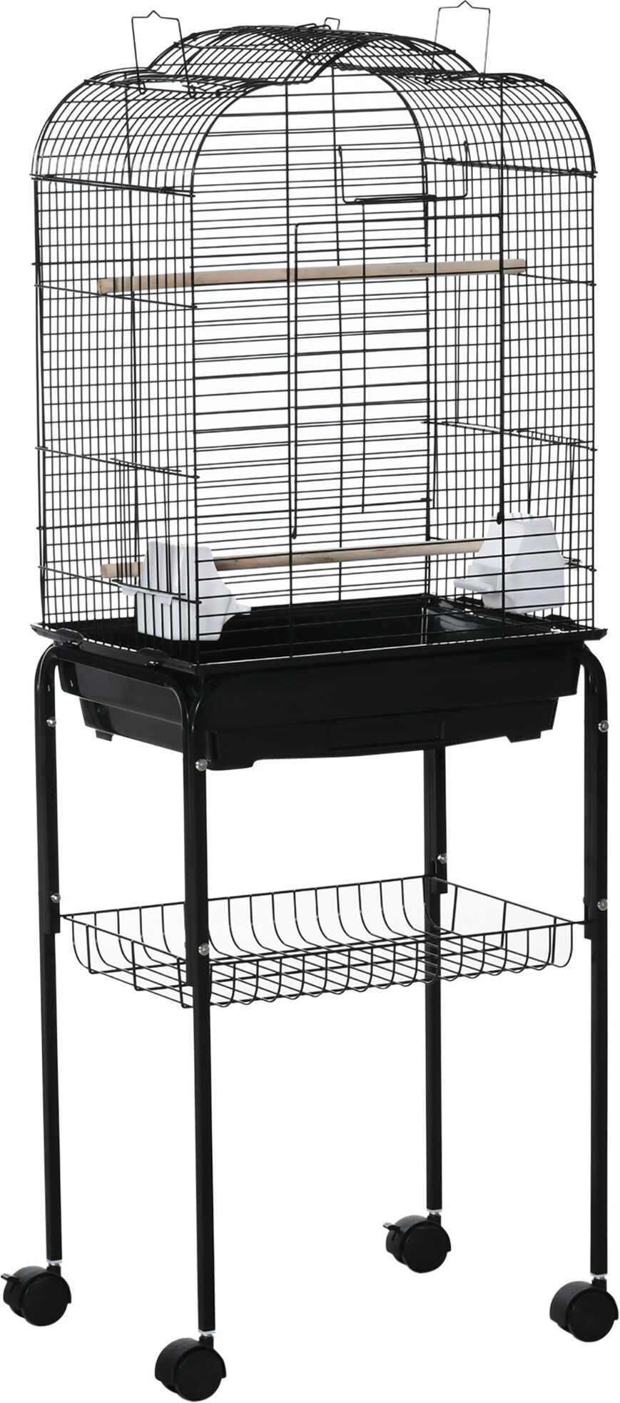 PawHut Cage à oiseaux volière pour oiseaux sur roulettes avec toit ouvrant 3 perchoirs étagère inférieure 46 x 36 x 130 cm noir-AOSOM.fr