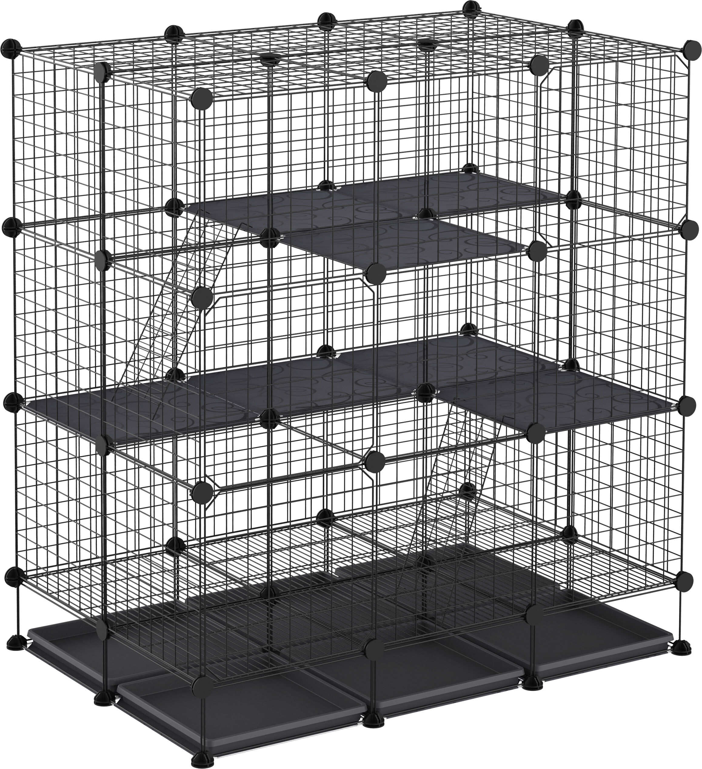 PawHut Cage parc enclos rongeurs modulable dim. L 111 x l 75 x H 119 cm 3 niveaux 4 portes fil métallique noir