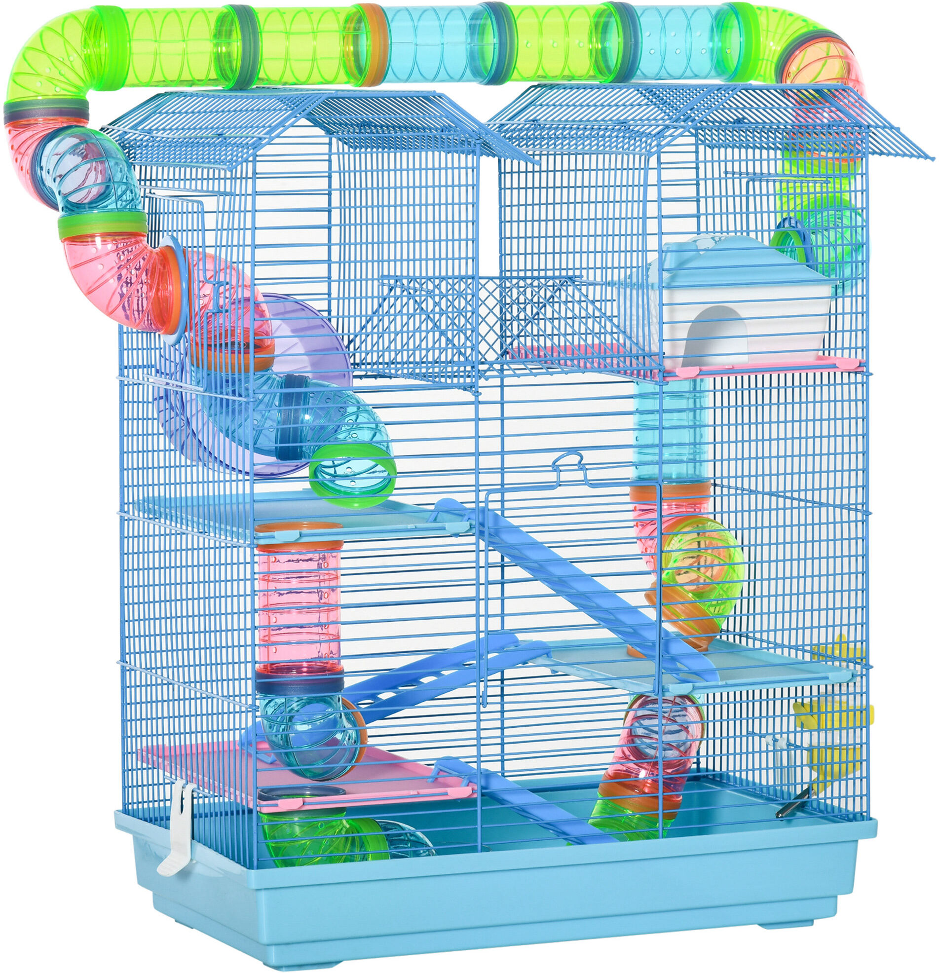 PawHut Cage pour Hamster Souris Petit Animaux Rongeur avec Tunnel Mangeoire Roue Jouet 47 x 30 x 59 cm Bleu