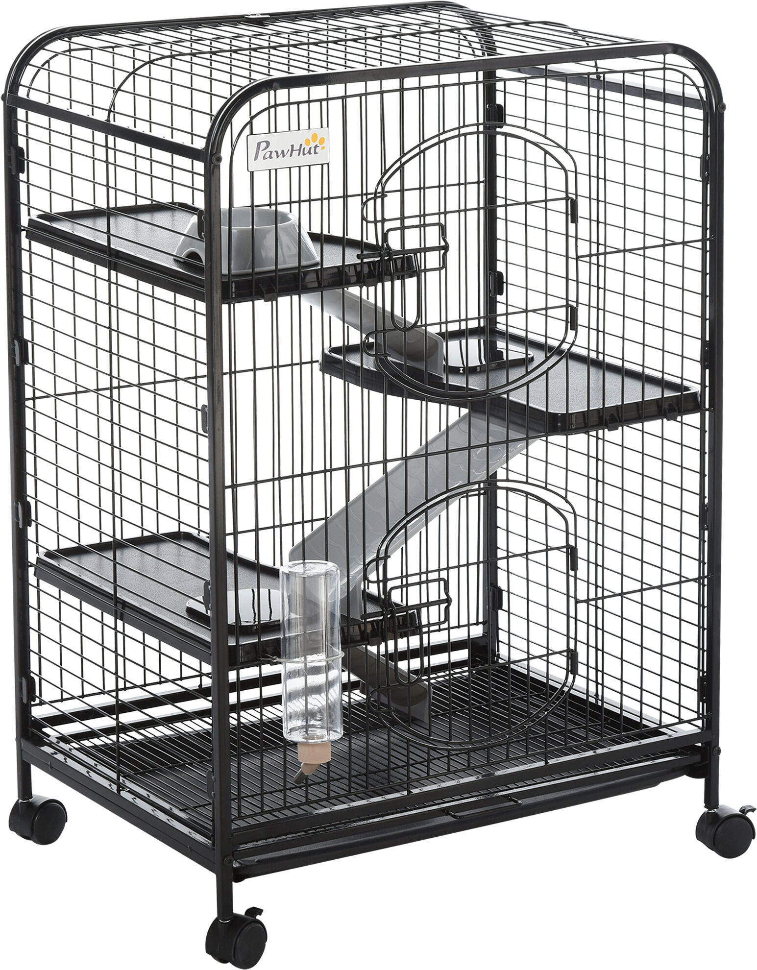 PawHut Cage pour Petits Animaux Roulante 3 Rampes 3 Plates-formes Plat et Bouteille d'Eau Bac Inférieur Amovible Acier PP Noire