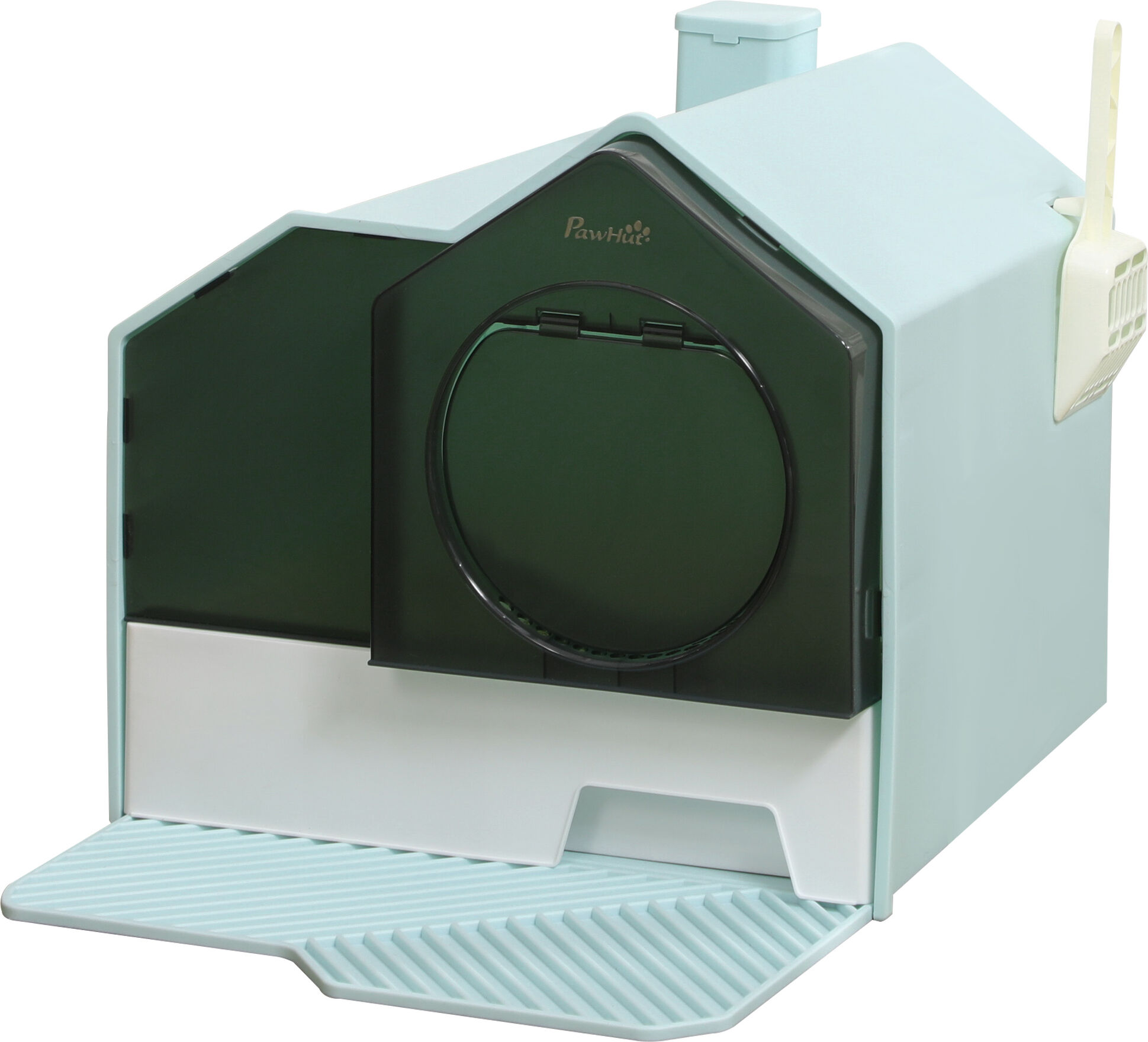 PawHut Maison de toilette bac à litière pour chat design maisonnette avec pelle, filtre et tapis dim. 47L x 45l x 42H cm bleu