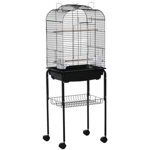 PawHut Cage à oiseaux volière pour oiseaux sur roulettes avec toit ouvrant 3 perchoirs étagère inférieure 46 x 36 x 130 cm noir-AOSOM.fr