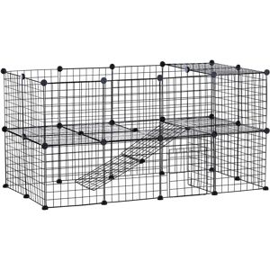 PawHut Cage parc enclos modulable pour animaux domestiques L 146 x l 73 x H 73 cm modulable 2 niveaux 36 panneaux bords arrondis fil métallique noir