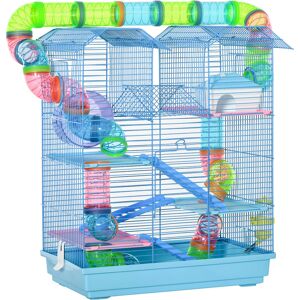 PawHut Cage pour Hamster Souris Petit Animaux Rongeur avec Tunnel Mangeoire Roue Jouet 47 x 30 x 59 cm Bleu