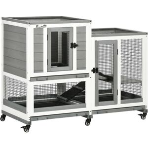 PawHut Cage lapin Clapier intérieur cage à lapin bois avec roulettes 3 étages rampes - dim. 110L x 50l x 86H cm - gris et blanc   Aosom France