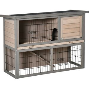 PawHut Clapier cage lapin 2 étages avec 3 portes verrouillables plateau coulissant rampe et toit ouvrant bois de sapin gris noir   Aosom France