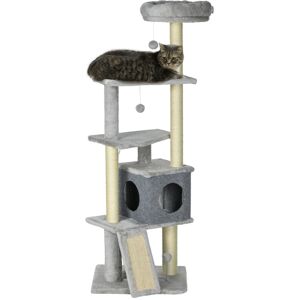 PawHut Arbre à chat arbre à grimper hauteur 146 cm centre d'activités avec niche rampe plate-formes et 3 balles suspendues gris