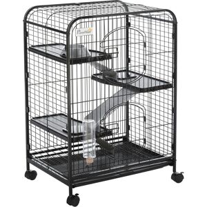 PawHut Cage pour Petits Animaux Roulante 3 Rampes 3 Plates-formes Plat et Bouteille d'Eau Bac Inférieur Amovible Acier PP Noire