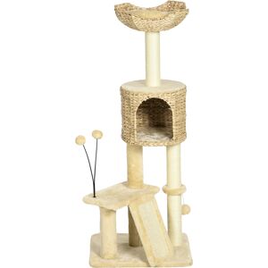 PawHut Arbre à chat hauteur 116 cm niche panier plateformes pompons en peluche et jacinthe d'eau - beige