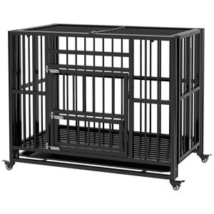 PawHut Cage pour chien pliable transport sur roulettes 2 portes verrouillables plateau amovible interieur exterieur acier noir