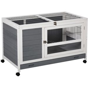 PawHut Clapier en bois cage à lapin villa pour lapin avec plateau coulissant, porte verrouillable, dessus ouvrable gris