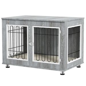 PawHut Cage pour chien animaux cage de chien sur pied avec coussin amovible acier aspect bois 90 x 58 x 65 cm gris