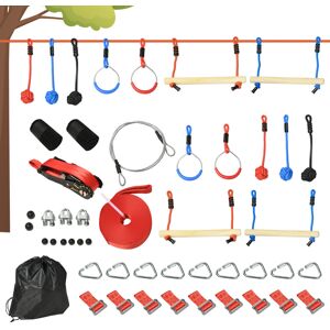 Outsunny Parcours d'obstacles ninja pour enfants 30 accessoires et sac de transport 10 m de slackline bleu noir rouge   Aosom France