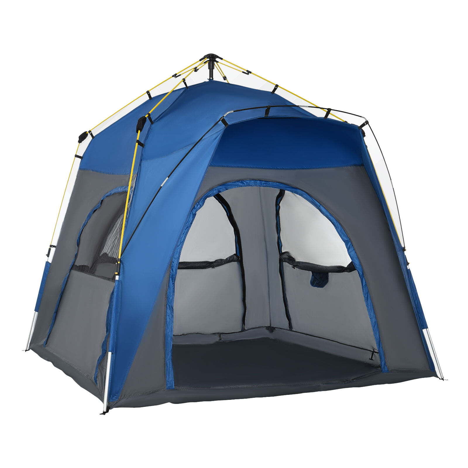 Outsunny Tente de camping familiale 4 personnes pop-up 4 fenêtres pare-soleil 2,4L x 2,4l x 1,95H m fibre verre polyester gris bleu