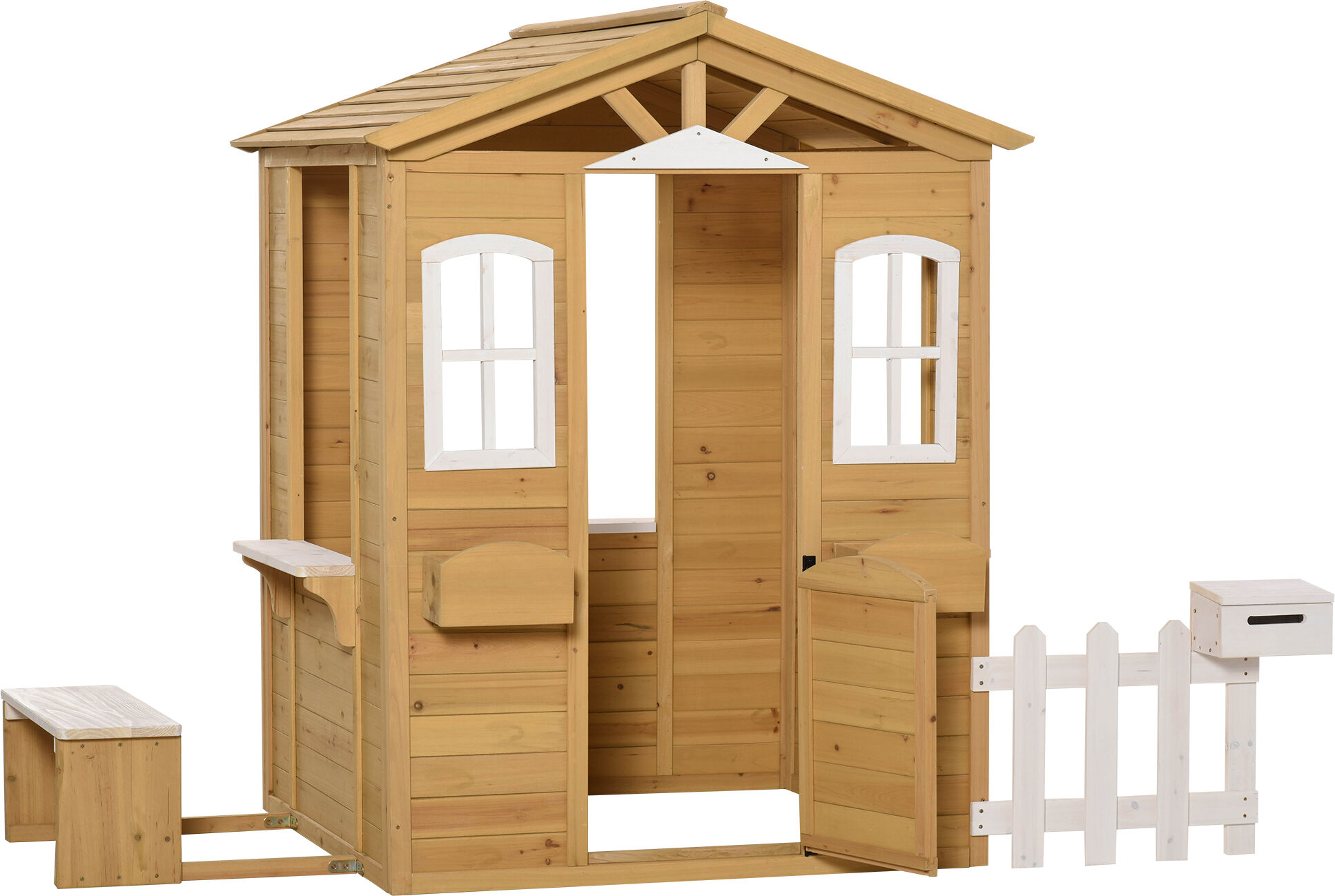 Outsunny Cabane de jeu pour enfant maison de jardin en bois porte et fenêtres, banc, boite aux lettres, clôture, de 3 à 6 ans