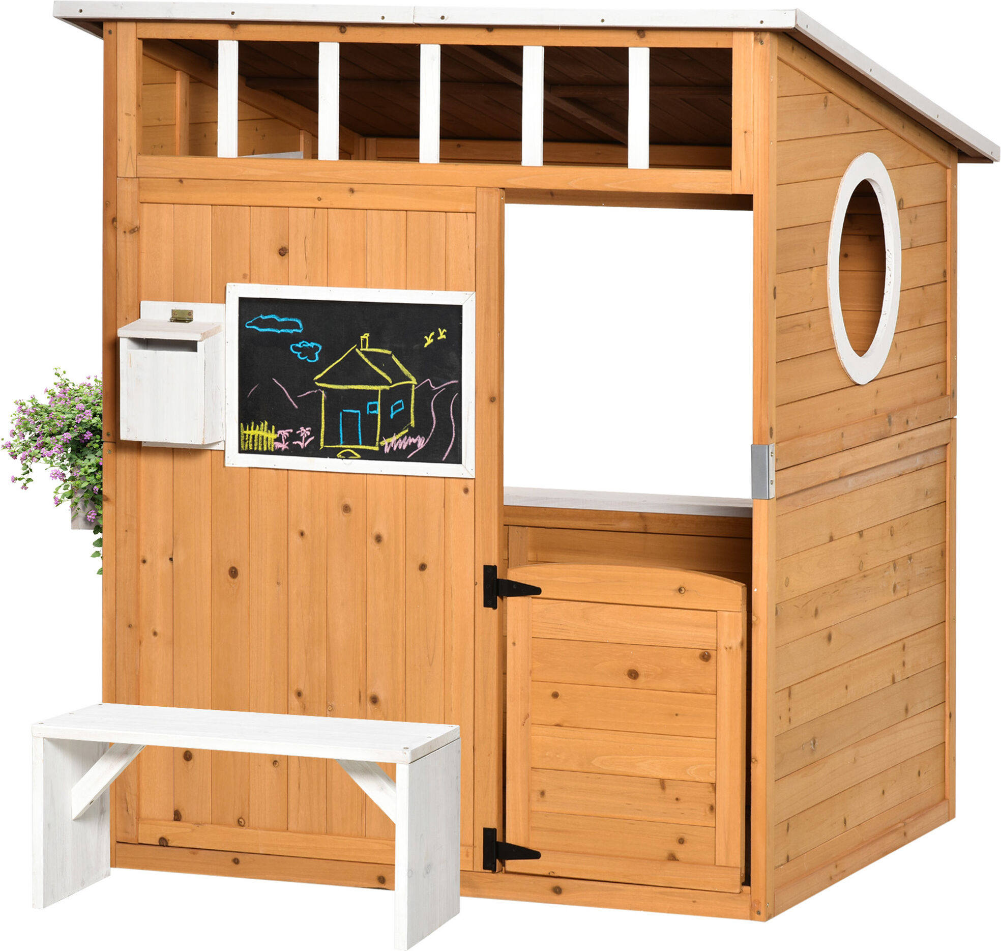 Outsunny Cabane de jeu pour enfant maison de jardin en bois porte et fenêtres, banc, boite aux lettres, tableau, de 3 à 8 ans