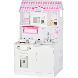 HOMCOM Cuisine Bois Jeu d'imitation - Maison de poupée Cuisine Enfant 2 en 1 - Nombreux Accessoires & rangements Inclus - MDF pin Rose Blanc