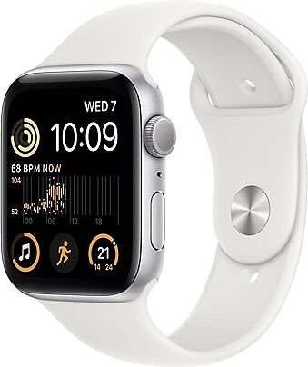 Montre connectée apple watch se 44mm gps 2ème génération, boîtier aluminium argent avec bracelet sport blanc