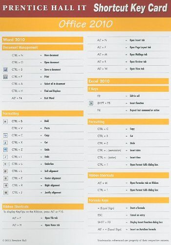 Cis Prentice Hall Prentice Hall It Shortcut Key Card Office 2010