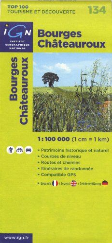 IGN Bourges - Chateauroux 1 : 100 000: Patrimoine Historique Et Naturel/courbes De Niveau/routes Et Chemins/itinéraires De Randonnée/compatible Gps