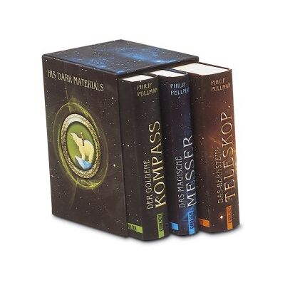 Philip Pullman His Dark Materials: Der Goldene Kompass, Das Magische Messer, Das Bernstein-Teleskop: Die Trilogie Im Schuber - Publicité Philip Pullman His Dark Materials: Der Goldene Kompass, Das Magische Messer, Das Bernstein-Teleskop: Die Trilogie Im Schuber - Publicité