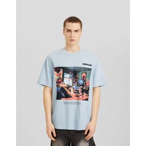 Bershka T-Shirt Boxy Manches Courtes Imprime Homme Xs Bleu Clair