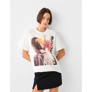 Bershka T-Shirt Manches Courtes Imprimé Chainsaw Man Femme M Blanc