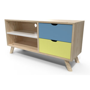 ABC MEUBLES Meuble TV Scandinave bois Viking Bleu pastel Jaune Blanc