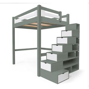 ABC MEUBLES Lit Mezzanine adulte bois + escalier cube hauteur réglable Alpage - 160x200 - Gris/Blanc