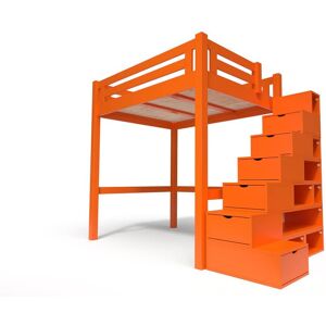 ABC MEUBLES Lit Mezzanine adulte bois + escalier cube hauteur réglable Alpage - 160x200 - Orange