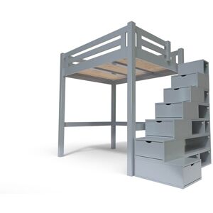 ABC MEUBLES Lit Mezzanine adulte bois + escalier cube hauteur réglable Alpage - 160x200 - Gris Aluminium