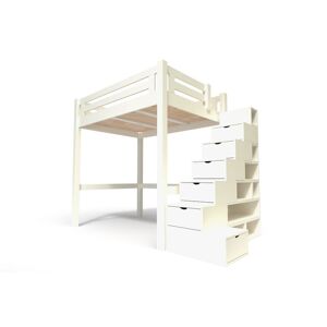 ABC MEUBLES Lit Mezzanine adulte bois + escalier cube hauteur réglable Alpage - 160x200 - Ivoire