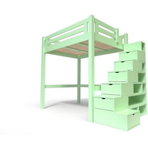 ABC MEUBLES Lit Mezzanine adulte bois + escalier cube hauteur réglable Alpage - 160x200 - Vert Pastel