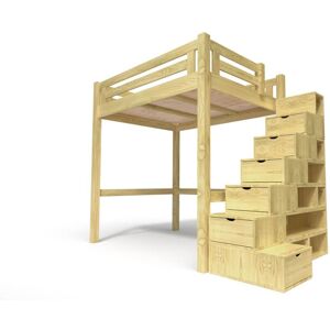 ABC MEUBLES Lit Mezzanine adulte bois + escalier cube hauteur réglable Alpage - 160x200 - Miel