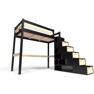 ABC MEUBLES Lit Mezzanine bois avec escalier cube Sylvia - 90x200 - Noir/Vernis naturel