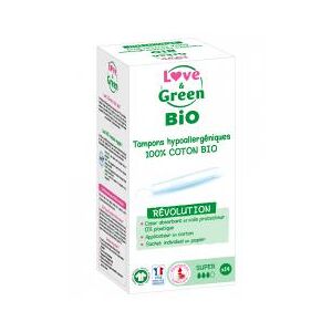 Love & Green Tampons 100% Coton Bio Hypoallergéniques et Écologiques Avec Applicateur "super" X 14 - Boîte 14 tampons - Publicité