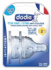 Dodie Tétine Initiation+ Ronde 3 Vitesses - Col Large - 0-6 Mois - Silicone Débit 2 - Moyen - Lot de 2 - Blister 2 tétines