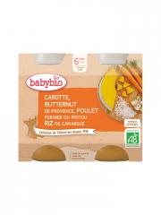 Babybio Carotte Butternut de Notre Ferme Poulet Fermier du Poitou Riz de Camargue Dès 6 Mois 2 x 200 g - Carton 2 pots de 200 g