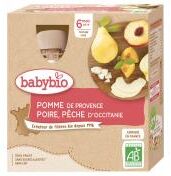 Babybio Pomme de Nouvelle-Aquitaine Poire de Provence Pêche d'Occitanie - Boîte 4 gourdes de 90 g