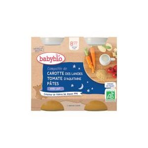 Babybio Bonne Nuit Compotée de Carotte Des Landes Tomate d'Aquitaine Pâtes - Carton 2 pots de 200 g - Publicité