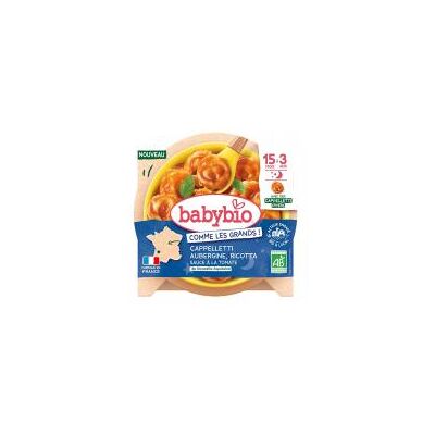 Babybio Cappelletti Ricotta Aubergine Sauce à la Tomate 15 Mois à 3 Ans Bio 190 g - Plat - Publicité Babybio Cappelletti Ricotta Aubergine Sauce à la Tomate 15 Mois à 3 Ans Bio 190 g - Plat - Publicité